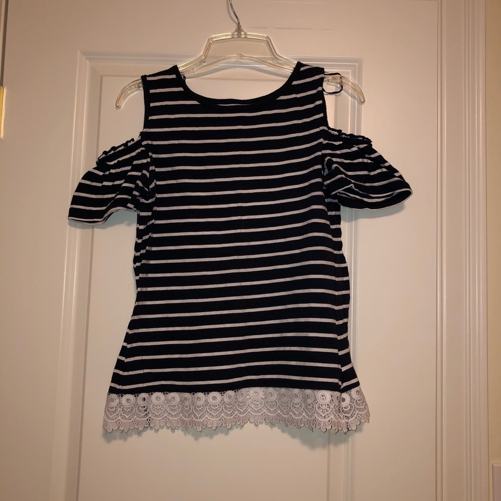 Navy and White Stripped Cold Shoulder Top